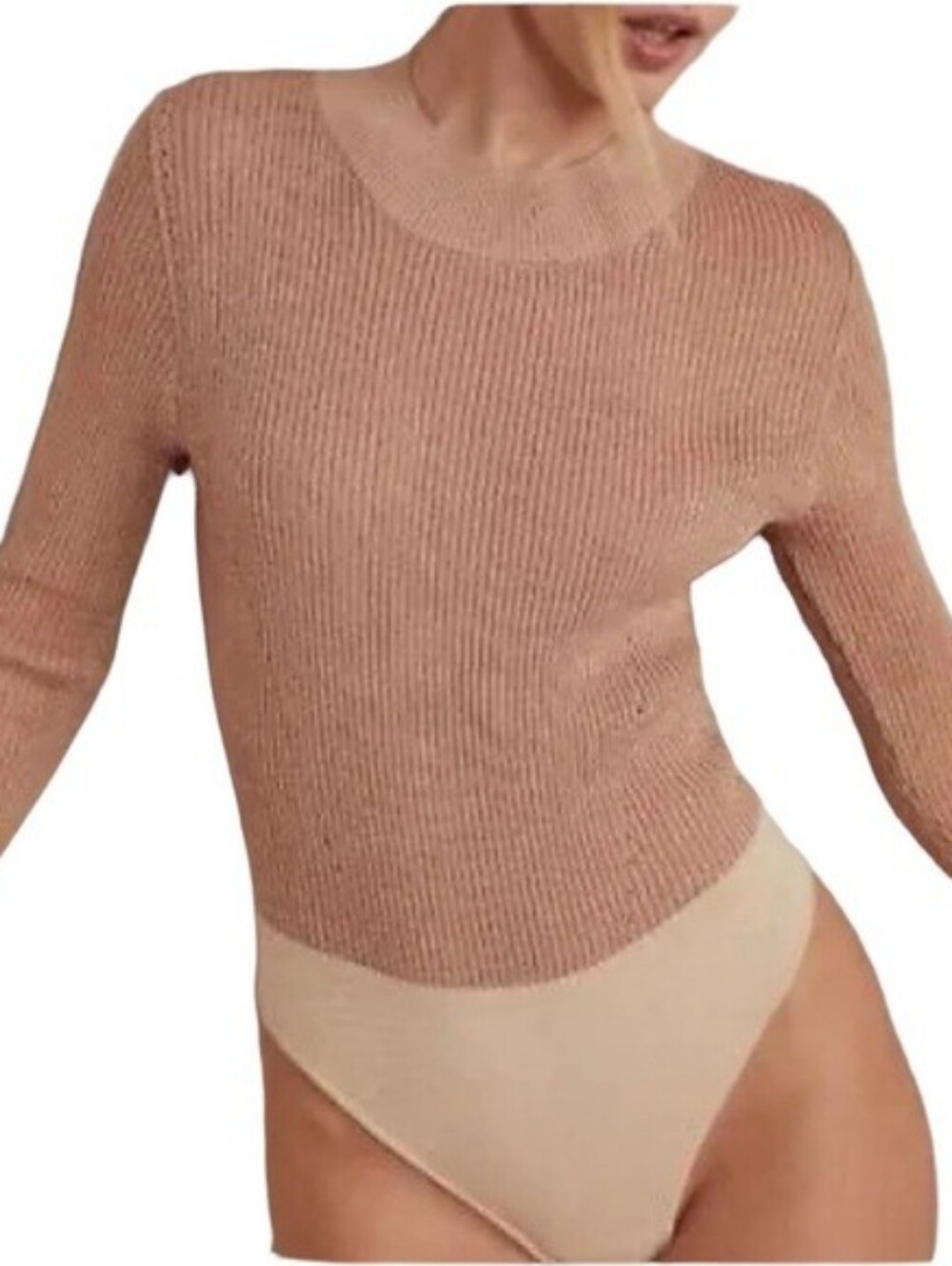 Free People NWT Metallic Ribbed Knit Bodysuit Medium Blush Gold Shimmer Top